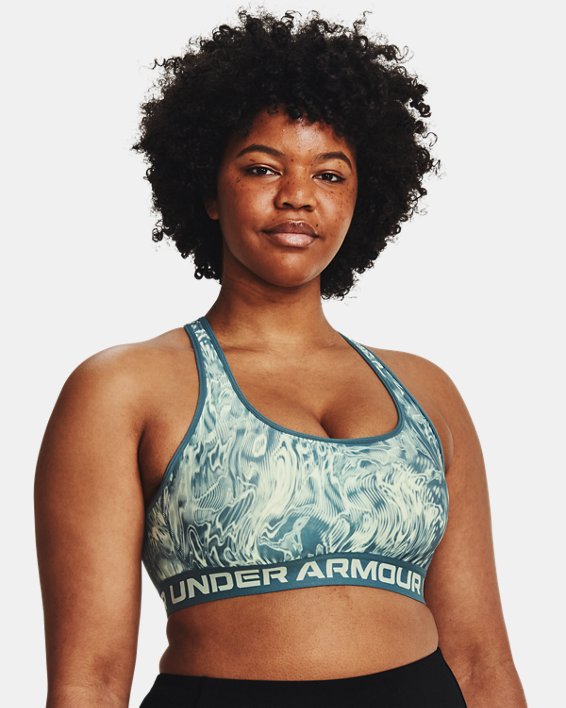 Women's Armour® Mid Crossback Mid Printed Sports Bra, Blue, pdpMainDesktop image number 3